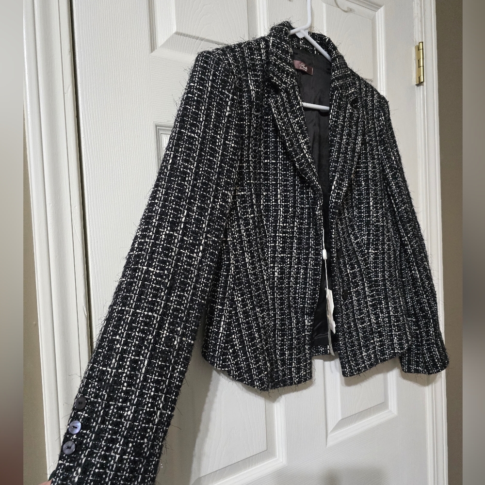 NWT Nicola Made in Italy Black & White Tweed Blazer/Jacket w/ Metallic Threading - Picture 2 of 16